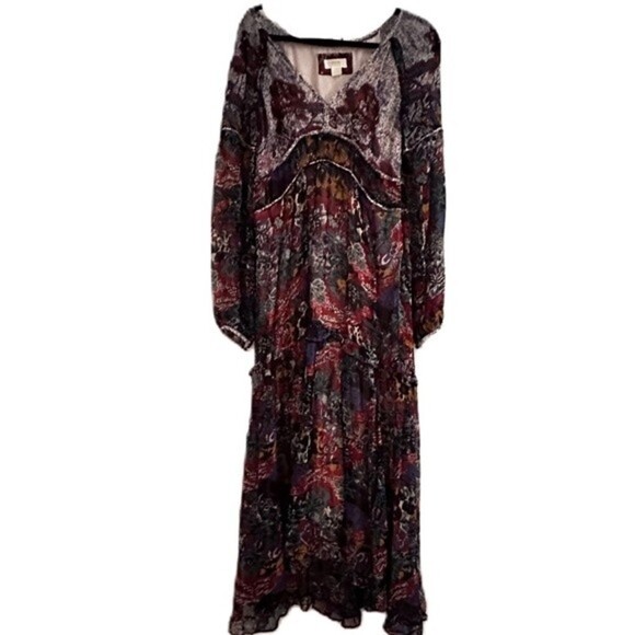 Anthropologie Maeve Annabella Tiered Boho Maxi Dress Puff Sleeve V-Neck Size 10 - Picture 7 of 16